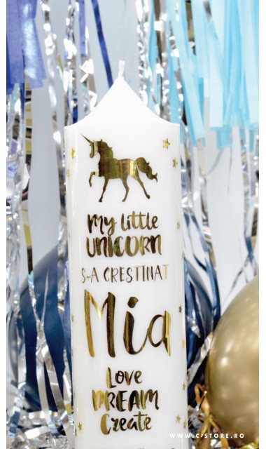 Lumanare de botez personalizata, print folio gold, 30x8cm, Unicornul magic 2